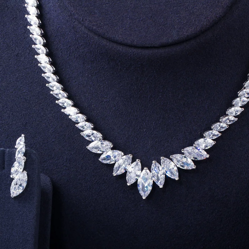 CWWZircons Top Quality Marquise Cut CZ Cubic Zirconia Wedding Choker Necklace and Earrings Bridal Prom Dress Jewelry Sets T398