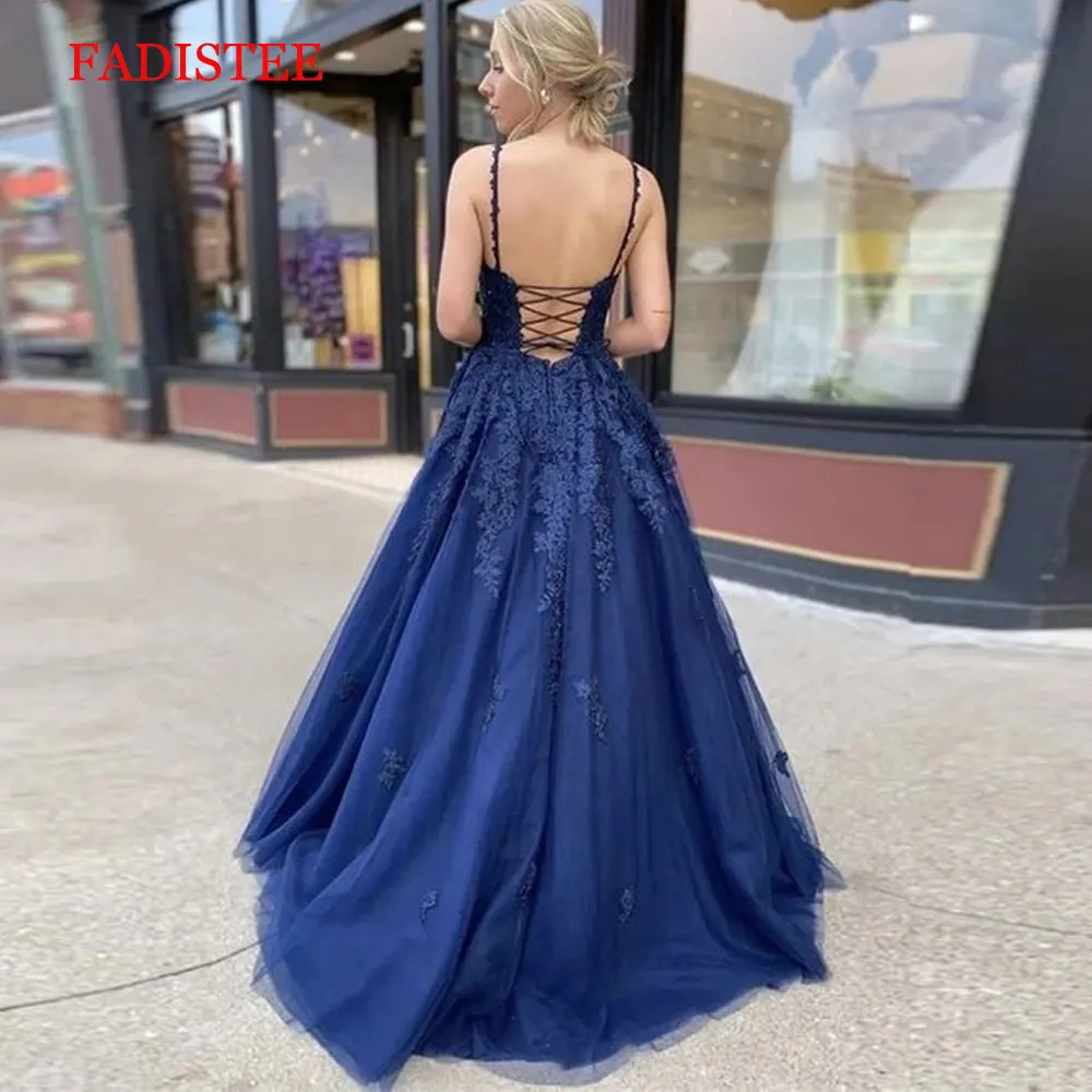 Lace Navy Blue V-neck Vestidos De Fiesta Noche Prom Party Evening Dresses Robe De Soiree Gown Frock Long Soft Tulle Lace-up