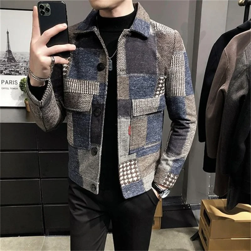 2021 Autumn and Winter Fashion New Men\'s Casual Lapel Hoodless Jacket / Male Slim Plaid Woolen Coat