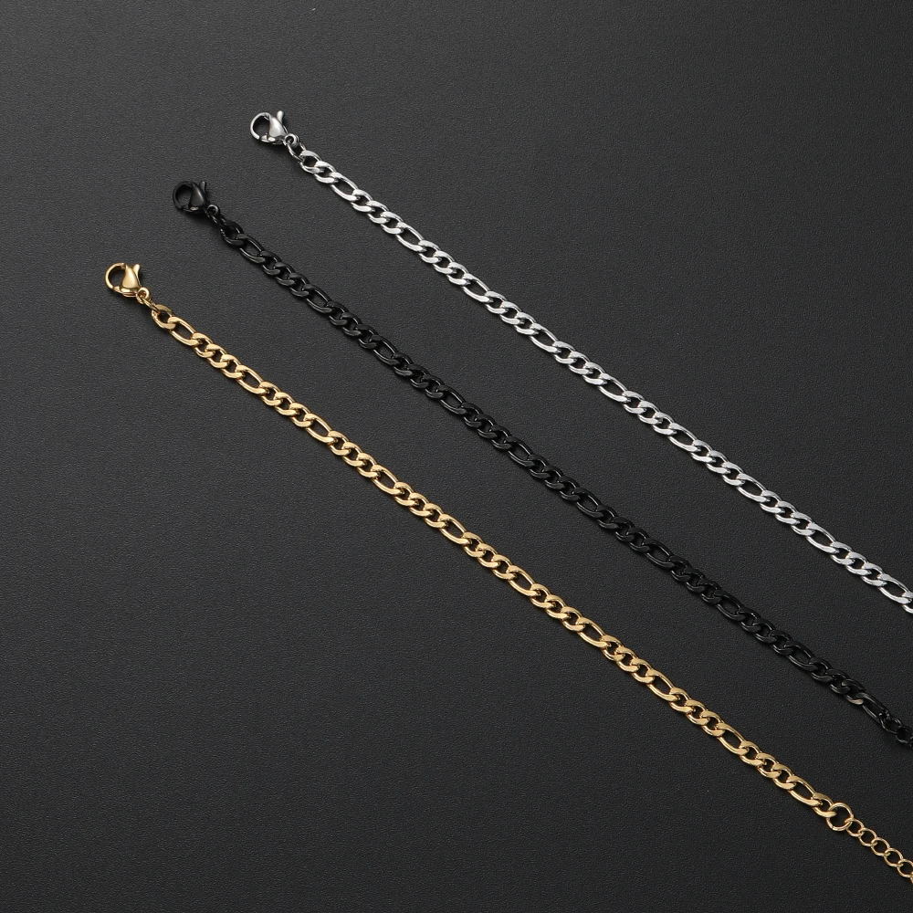 Low Price Width 4MM Stainless Steel Golden Black Chain Bracelet For Men and Women Fashion Gift Jewelry Length 16+5CM
