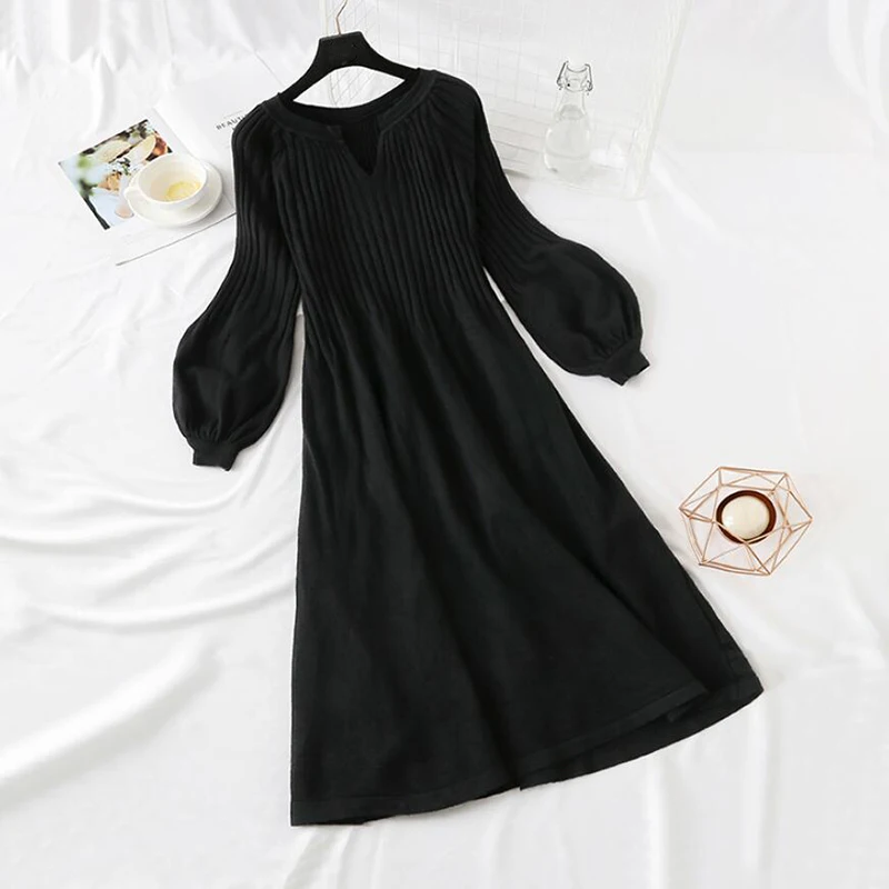 Pregnant Large Size Women\'s V Neck Autumn Winter Sweater Dress Female Knitted Lantern Sleeve Dress Fashion Loose Long Dress