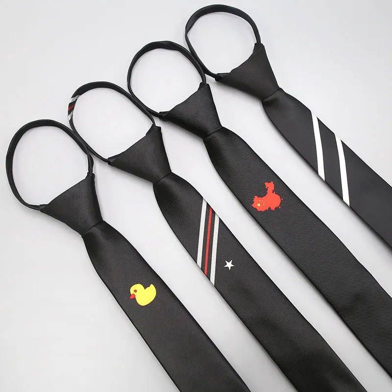 

5CM Black Zipper Ties Embroidery Cartoon Necktie for Men Women Suits Boys Ties Slim Men Necktie Gravatas Simple Lazy Person Tie