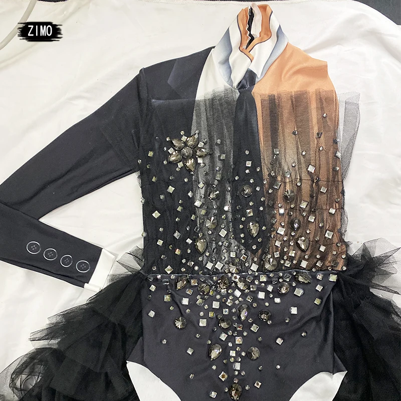 fashion rhinestone black bodysuit with tail dress one shoulder DS party birthday nightclub Celebrate stage drag queen costumes