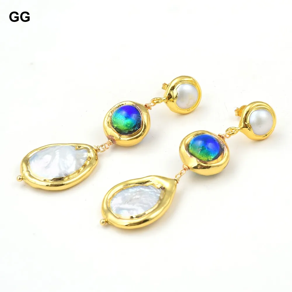 GG Natural White Coin Pearl Gold Plated Blue Murano Glass Pearl Stud Earrings
