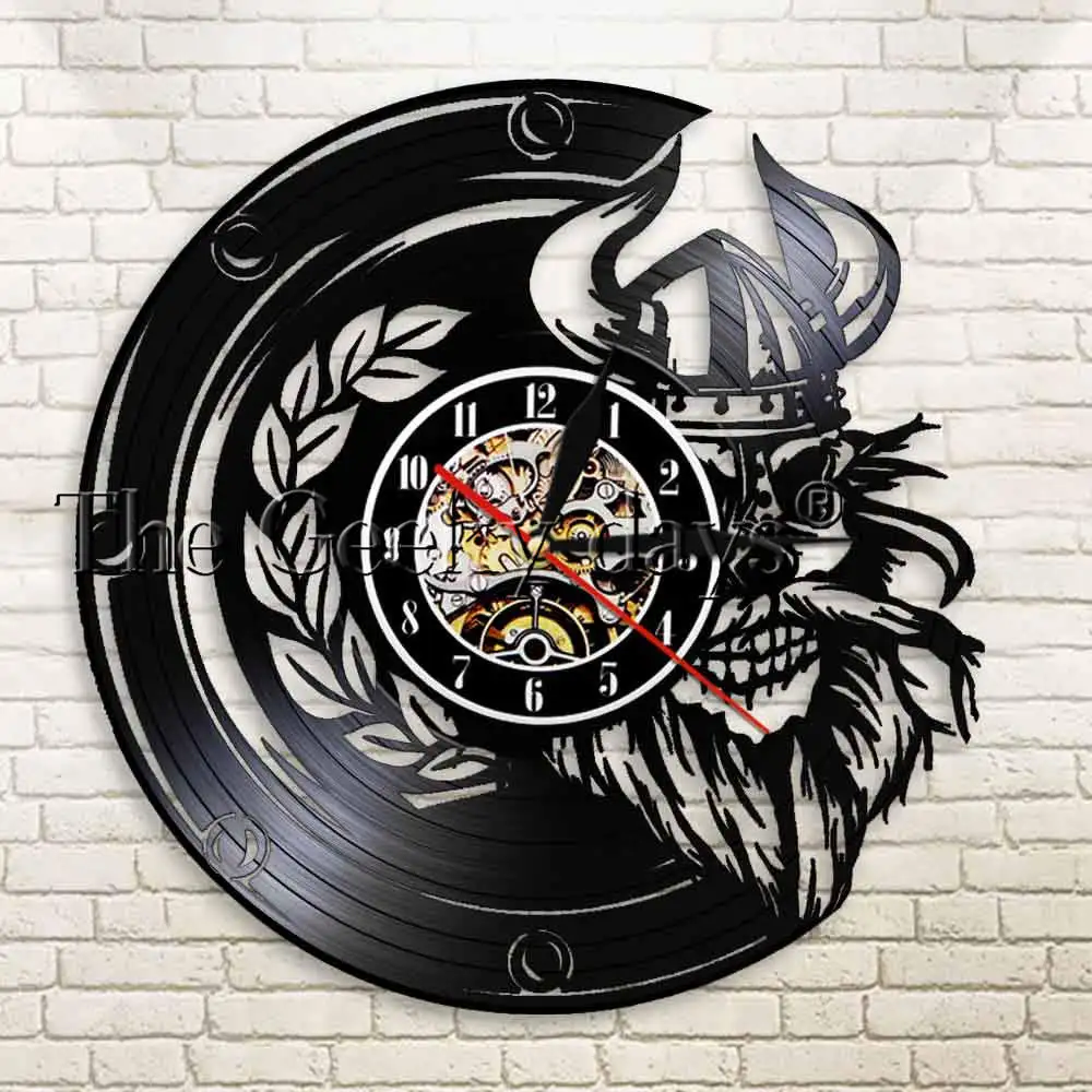 Viking Skull Warrior Wall Clock Made Of Real Vinyl Record Horror Scary Skeleton LED Light Watch Sleepy Lamp with Remote Control