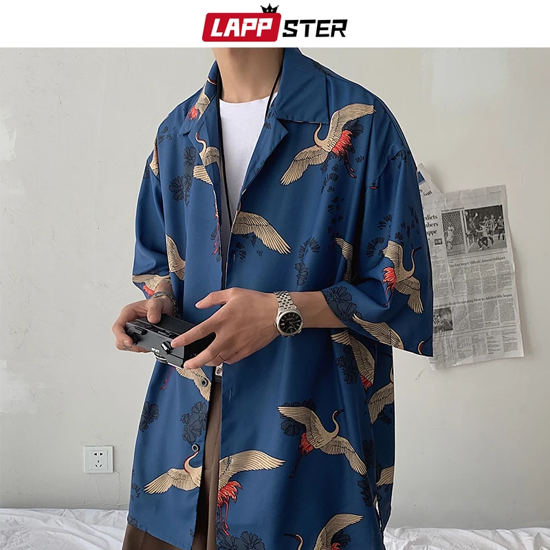 LAPPSTER Y2k Crane Print Shirts Harajuku Tracksuits 2023 Summer Vintage Button Up Short Sleeve Shirts Korean Suit Set Shorts