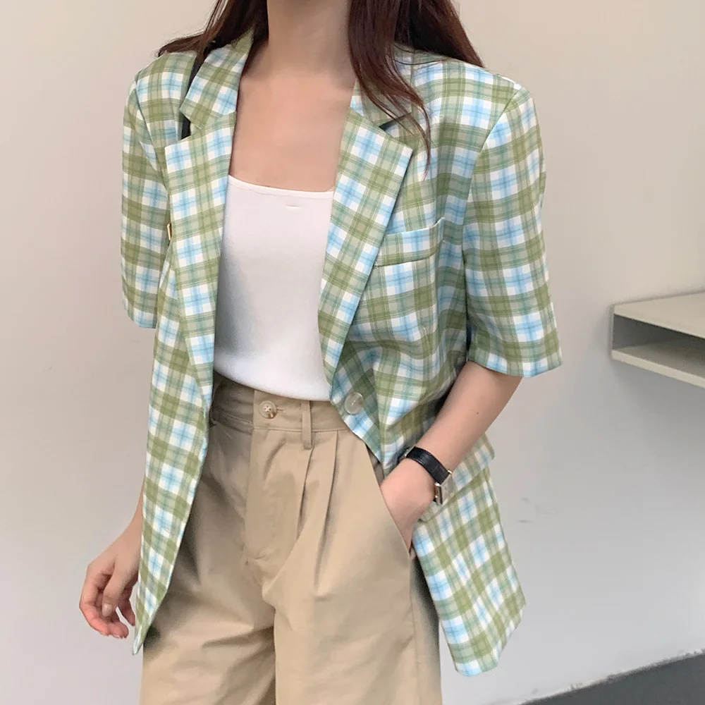 

Summer Casual Women's Green Plaid Blazer Loose Short Sleeve Vintage Suit Female Jacket
