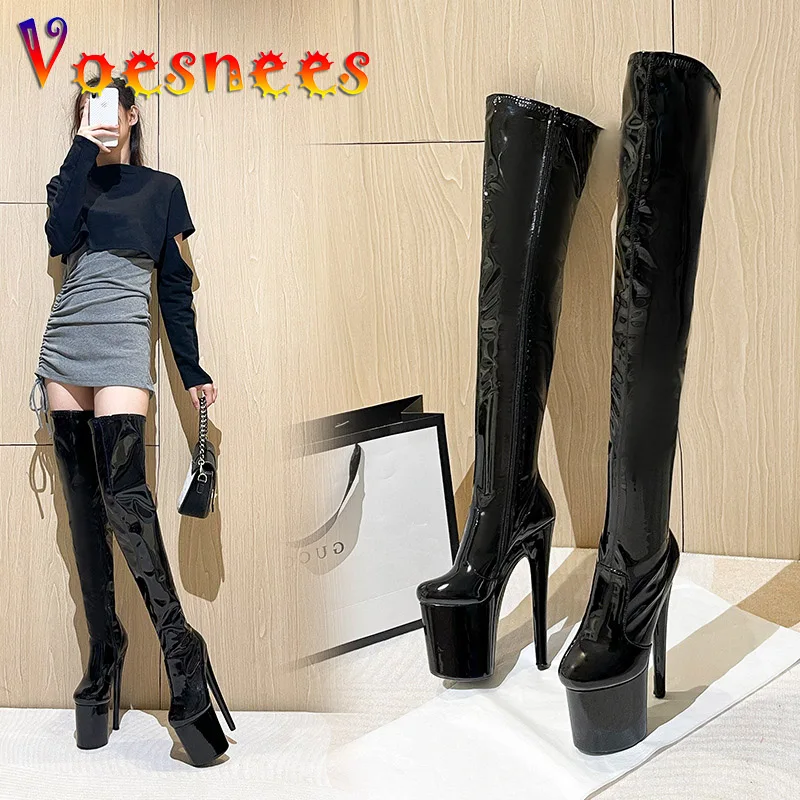

Fashion Over-the-knee Women Boots Autumn Winter High Platform Waterproof Patent Leather Stiletto Shoes Nightclub Zip Long Boots
