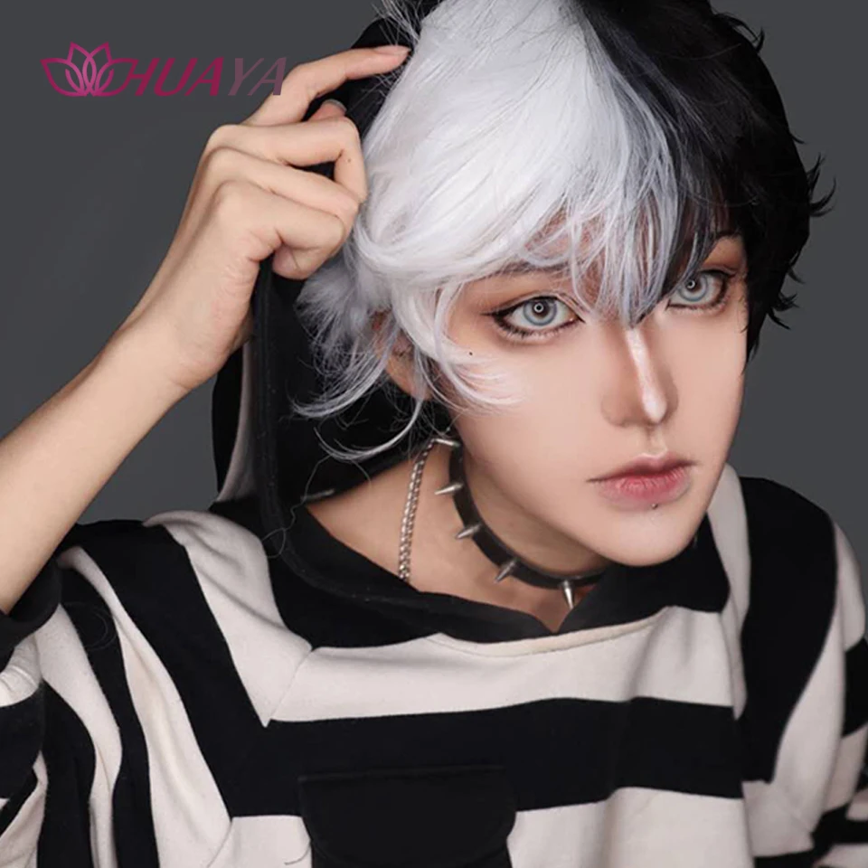 HUAYA Men Short Wig Black White Splits Synthetic Wig with bangs For Boy Costume Anime Cosplay Wig slight Curly Natural Hair