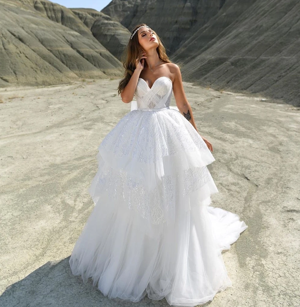 Querida vestido de casamento bola renda apliques lantejoulas arco sem costas sem mangas em camadas tule até o chão trem varredura personalizado