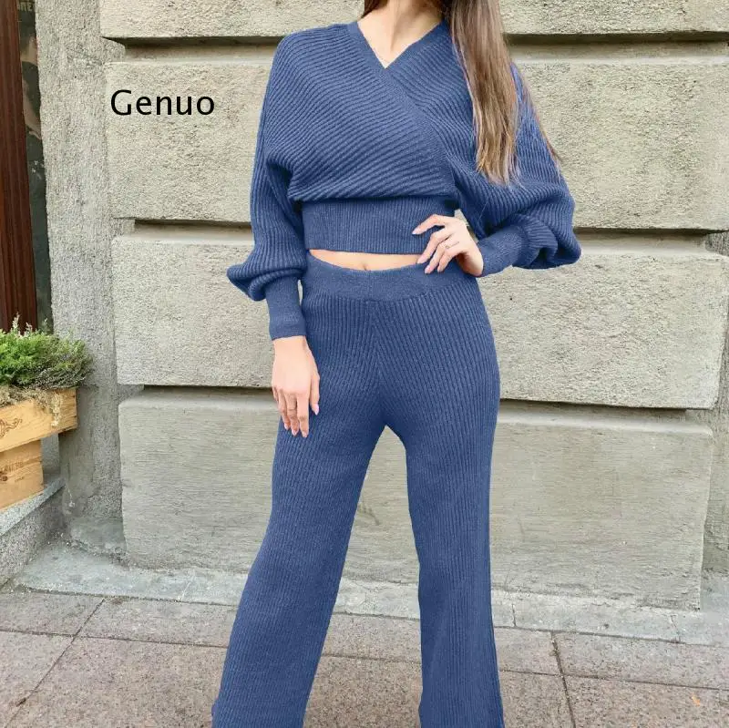 Women's Sweater Casual Style Knitted Solid Color V-Neck Slimming Fitting Sweater Suit (Top+Bottom)