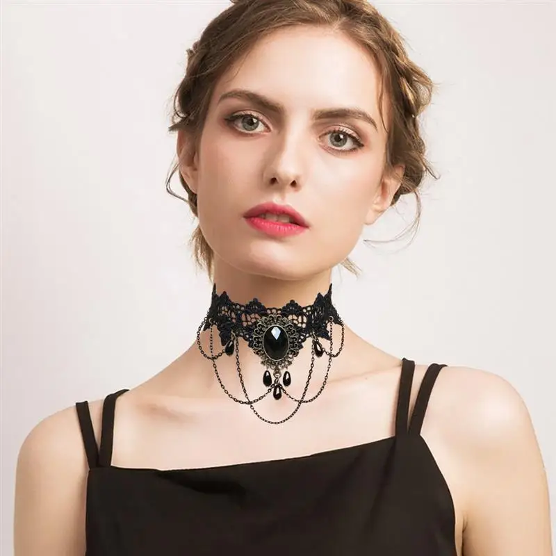 Fashion Gothic Choker Necklace Vintage Tattoo Tassel Punk Style Lace Pendant Wedding Jewelry Women False Collar Statement