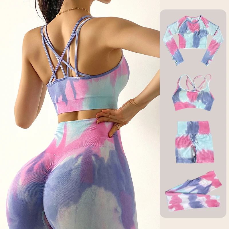 Tie Dyeing Women\'s Sportswear Yoga Set Workout Clothes Wear  Sports Gym Clothing Fitness Legging Bra Crop Long Sleeve Gym Set