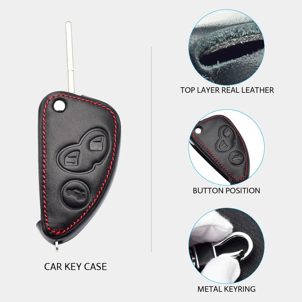 Leather Car Key Case For Alfa Romeo 147 156 166 GT JTD TS 3 Buttons Folding Keychain Holder Remote Fobs Shell Cover Accessories