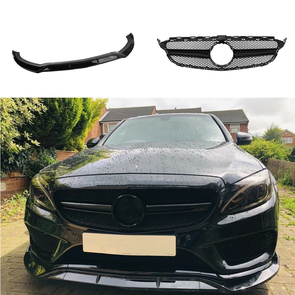 

For Mercedes Benz C Class W205 2015-2018 Sport C200 C250 Black Car Upper Grille Grill+Front Bumper Spoiler Lip Lower Splitter