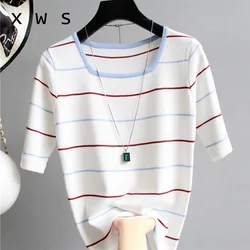 summer Knitted Women Sweater short Sleeves Loose casual Jumper Top square collar Female Sweater striped thin sweater oversize