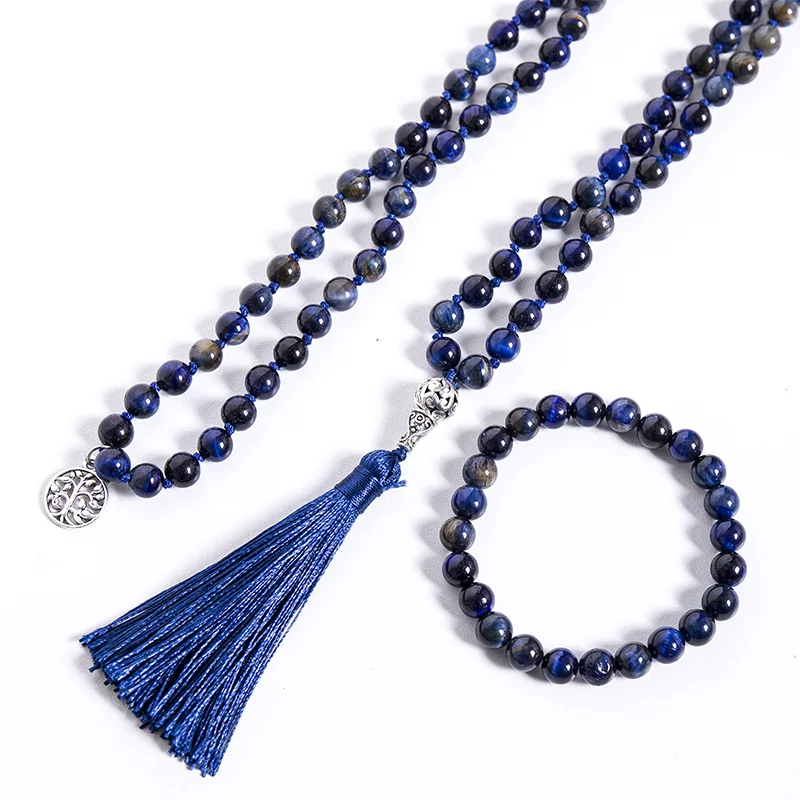 8mm Natural Lapis Lazuli Tiger Eye Stone Beaded Knotted Necklace Meditation Yoga Jewelry 108 Japamala Rosary Tree of Life Amulet