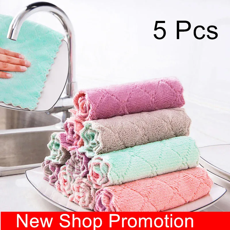 1/5pcs Double-layer Kitchen Dish Towel Microfiber Non-stick Oil Household Cleaning Wiping Towel Kitchen Tool Accessories