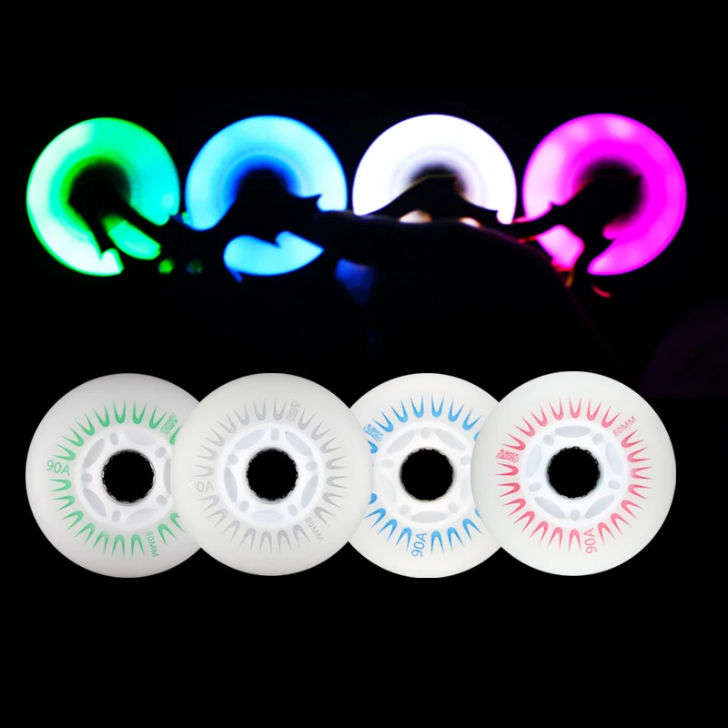 4pieces 90A flash inline skate wheels with magnetic core 72 76 80mm Led tires lighting slalom free sliding roller for patines