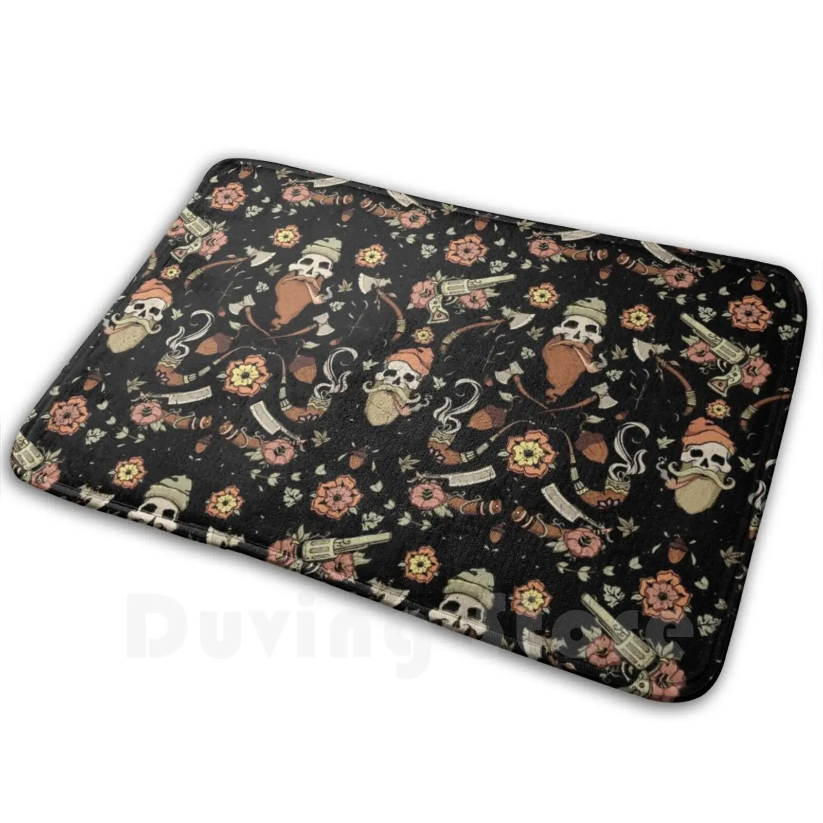 Alfombra de padrino de madera negra y rosa, alfombrillas antideslizantes para dormitorio, bosques de leñador, calaveras Punk Woodsy, coloridas y azules
