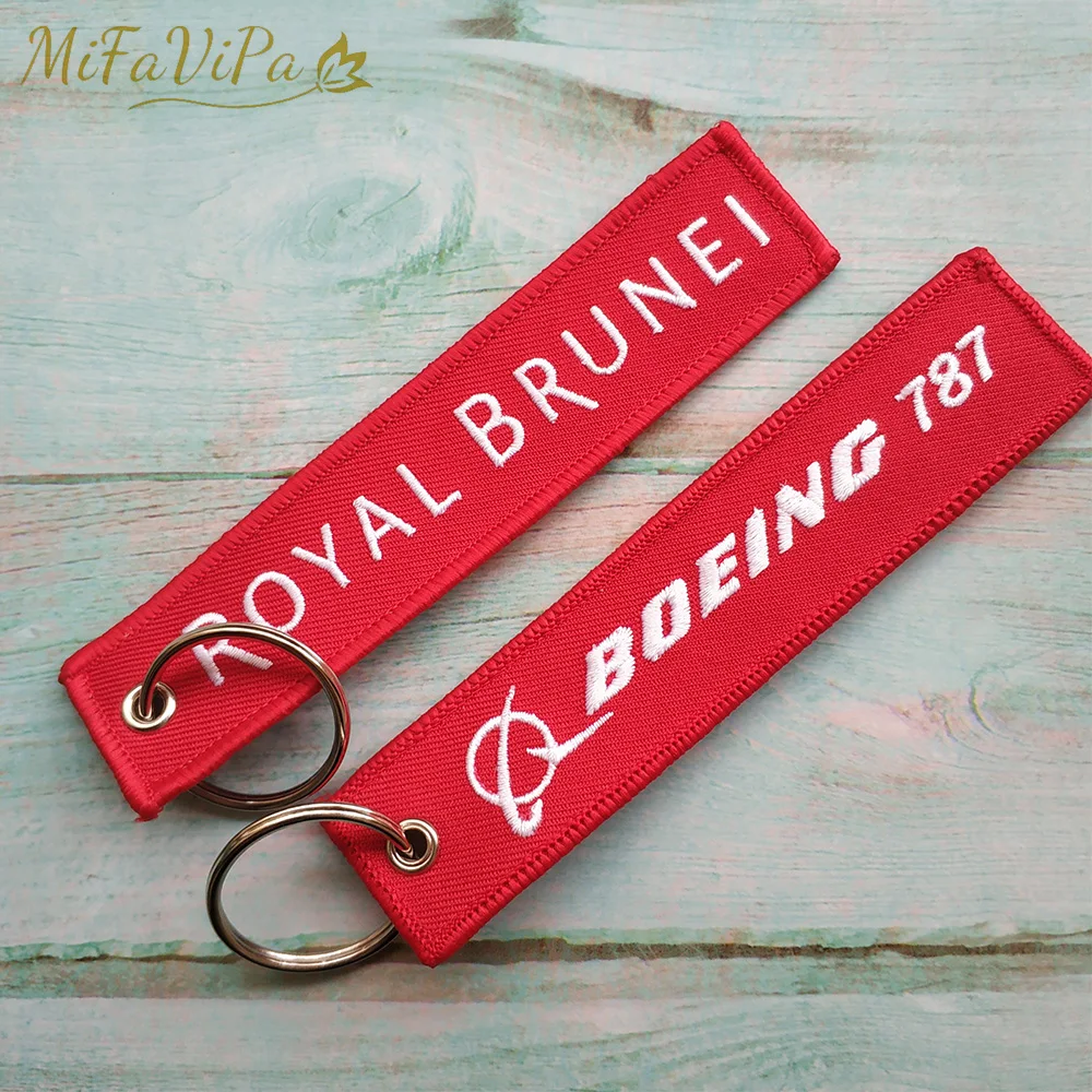 MiFaViPa Chaveiro Side A Royal Brunei Side B Boeing 787 Key Chains Embroidery llavero for Aviation Lover Fashion Trinkets