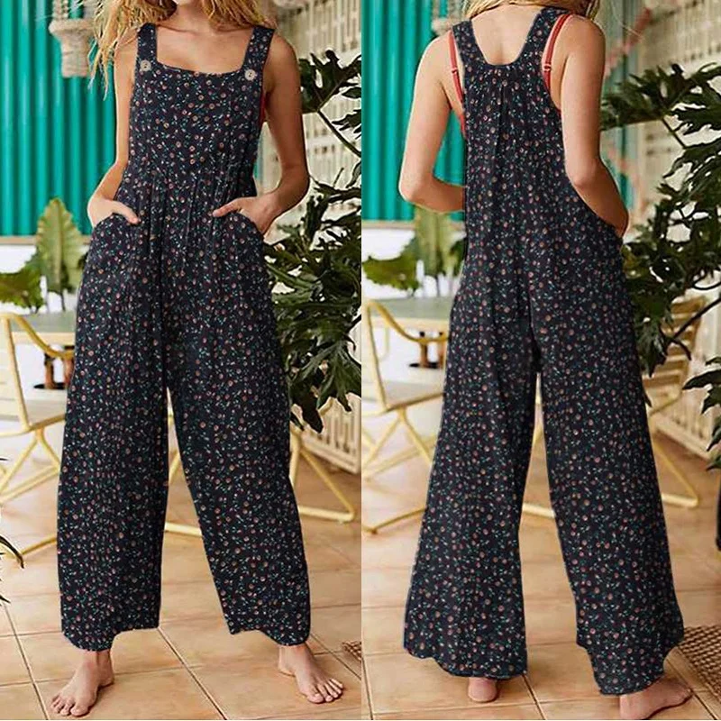 Summer New Women Casual Loose Flower Print Jumpsuits Women's Overalls Boho Sleeveless Square Collar Jumpsuits Rompers