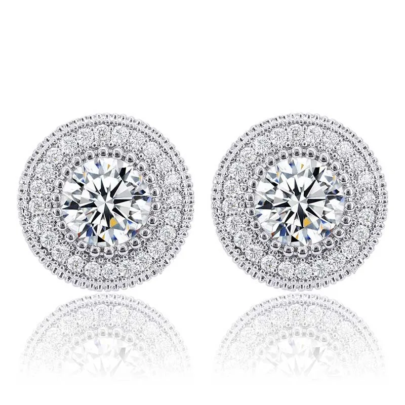 1Pair Material S925 Sterling Silver Hip Hop AAA CZ Stone Claw Setting Bling Ice Out Round Stud Earrings for Men Rapper Jewelry