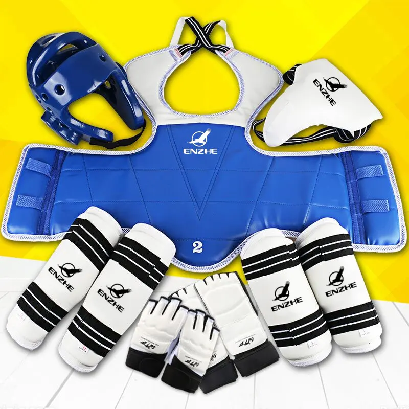 

8pcs High Quality Taekwondo Protectors suite WTF approved shin forearm chest Guard karate helmet groin guard TKD glove shoeswear