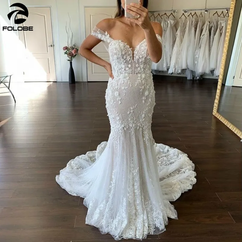 

2021 Elegant Mermaid Wedding Dresses Off the Shoulder Sweetheart 3D Flowers Lace Appliques Beaded Bridal Gown marriage dress