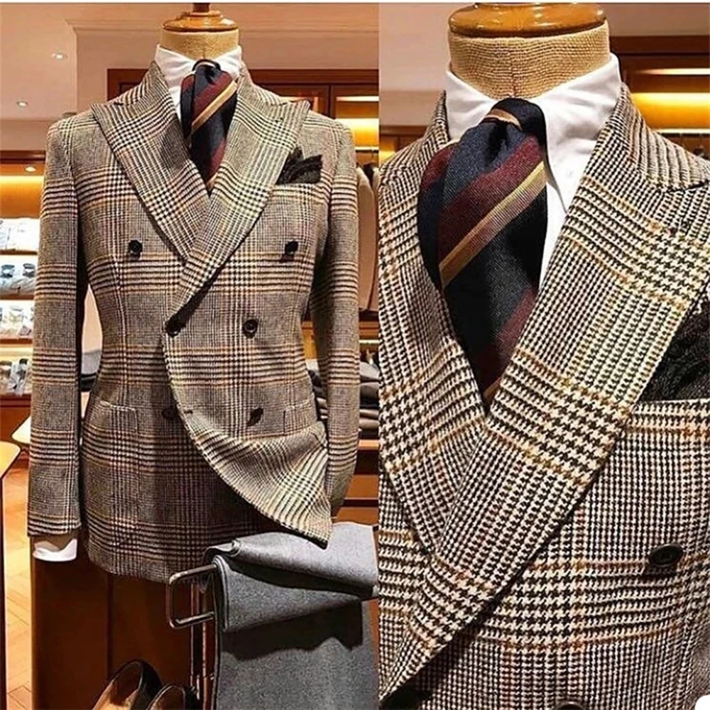 Vintage Business Suits Men Plaid Check Houndstooth Woolen Blend Trench Coat With Grey Pants 2 Pieces Groom Tuxedos Custom Made