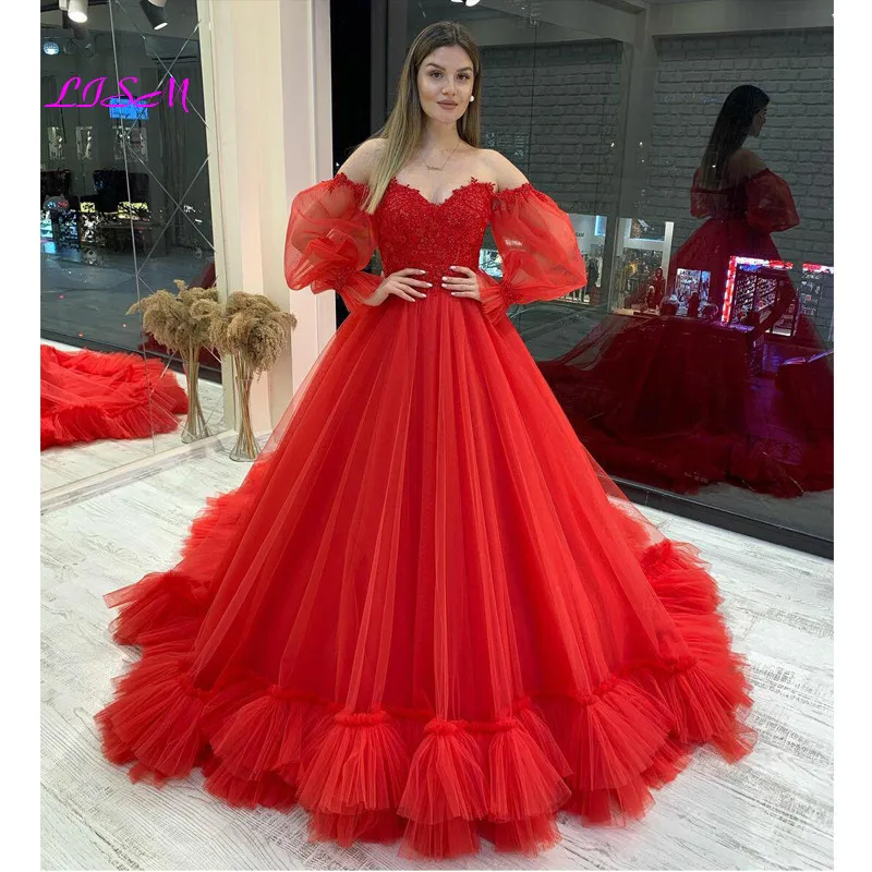 Elegant Red Prom Dresses Long Puffy Sleeves Tulle Party Gowns Sexy Sweetheart Backless Evening Gowns Beauty Pageant Dress