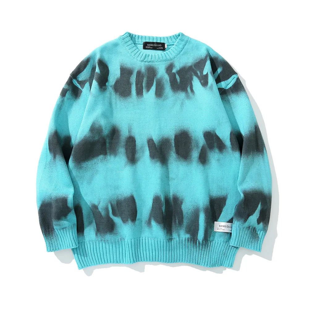 

2022 Korean Fashion Tie Dye Striped Retro Men Hip Hop Knitted Sweater Purple Knitwear Casual Oversize Pullover Lounge Wear Ropa