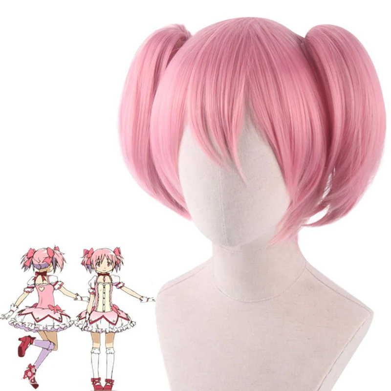 

Парик для косплея Madoka Kaname Puella Magi Madoka Magica, розовые короткие парики из синтетических волос с хвостиками + шапочка для парика