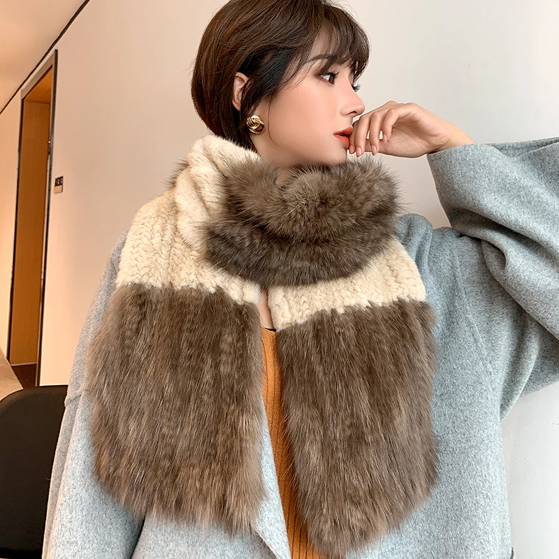 2020 Women Knitted Real Sable Fur Scarves Genuine Mink Fur Mufflers Patchwork Winter Warm Fur Wraps Rings Neckwarmer Long Style