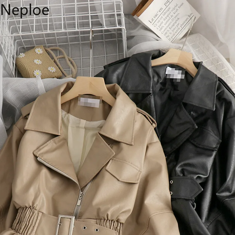 Neploe Fashion Faux Leather PU Coat Korean Style Turn-Down Collar Slim Outwear Full Autumn Women Leather Jacket with Belt