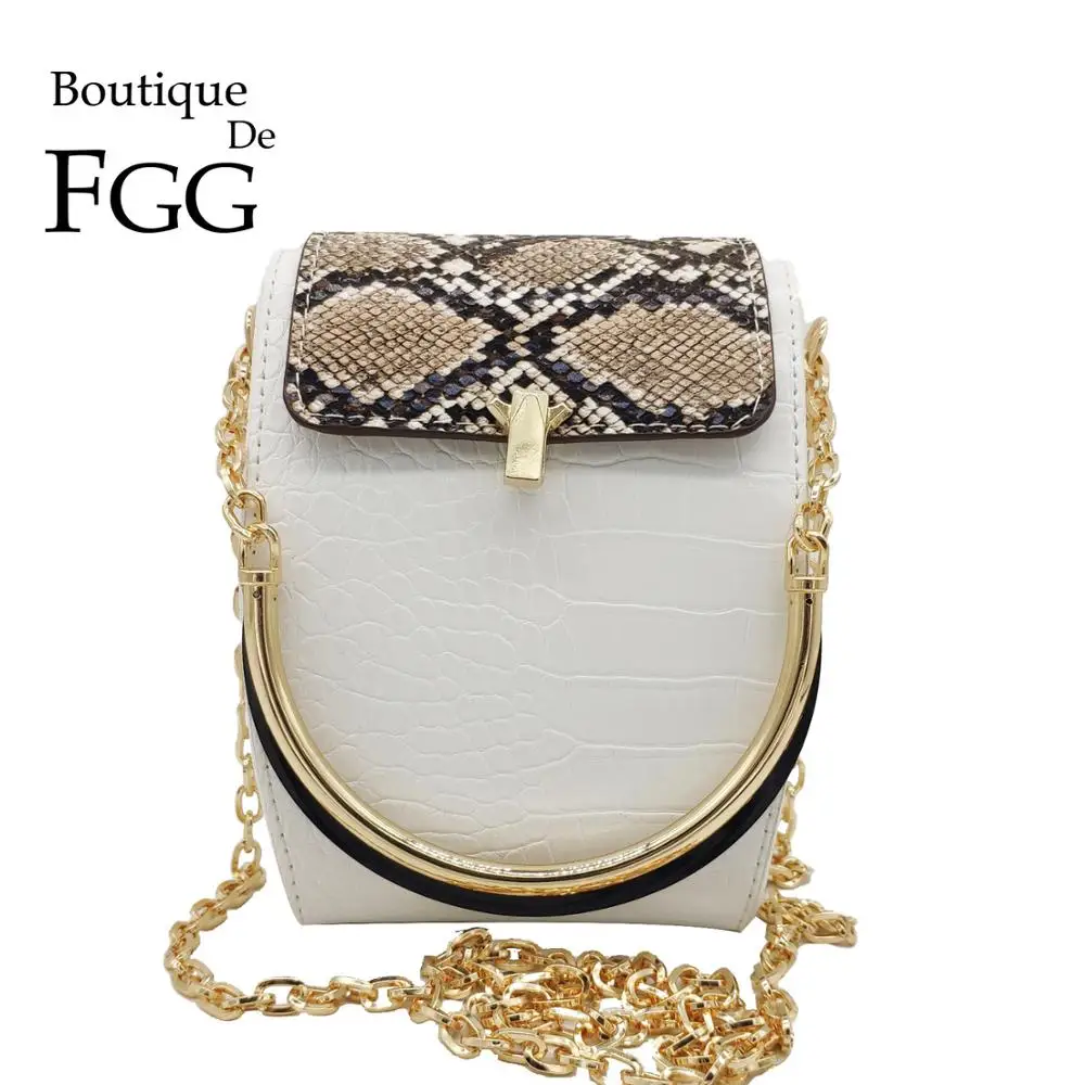 Boutique De FGG Faux PU Leather Snake-Skin Women Fashion Chain Shoulder Bags Top-Hanle Totes Handbags Crossbody Purses