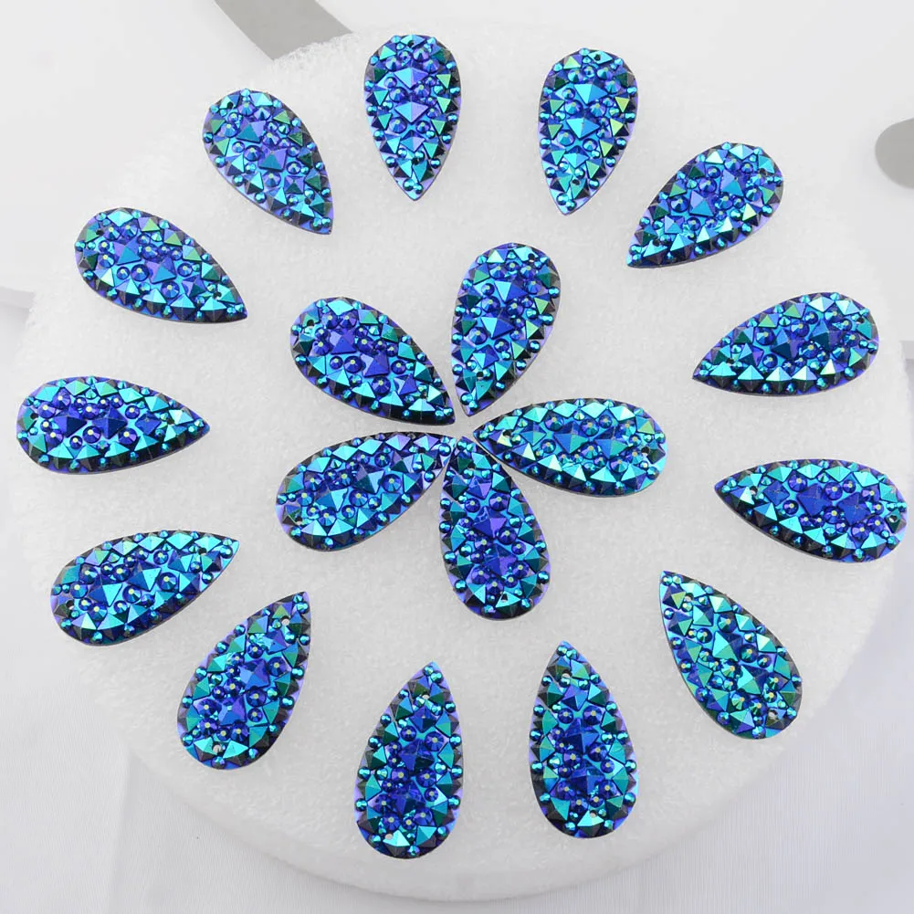 BOLIAO 10Pcs 16*30mm (0.63*1.18 in) AB Crystal Drop Dark Blue Rhinestones Flatback Resin Sew On Clothes/Home Holiday Decoration