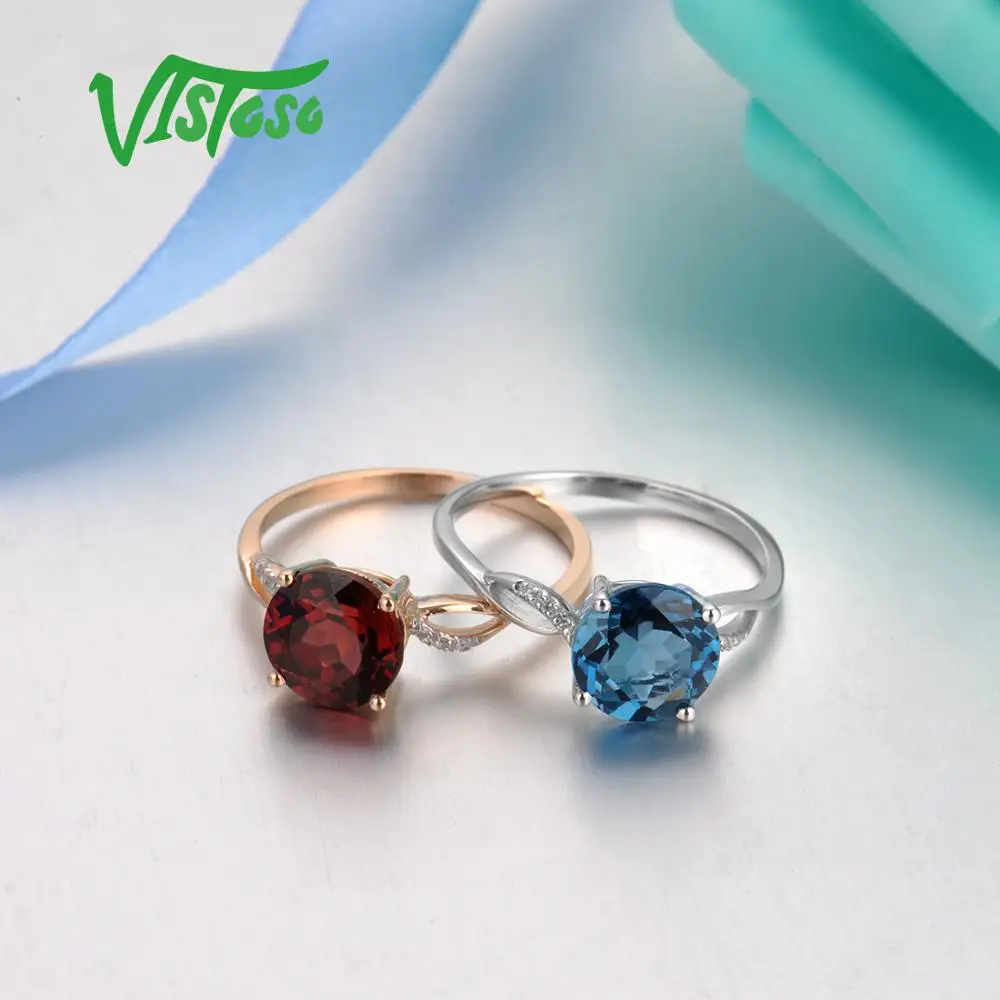 VISTOSO Gold Ring For Women Genuine 14K Gold Ring Sparkling Diamond London Blue Topaz Garnet Wedding Anniversary Fine Jewelry