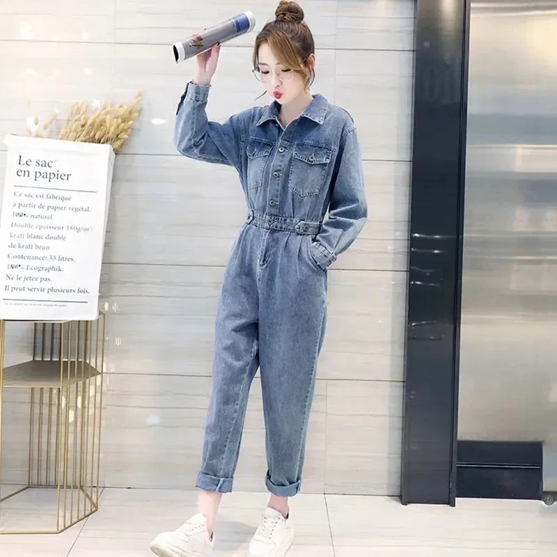 

Fashion Denim Jumpsuit Women 2021 New Spring New Tooling Jumpsuit Slim Slimming Age Reduction Suit Trousers Commute