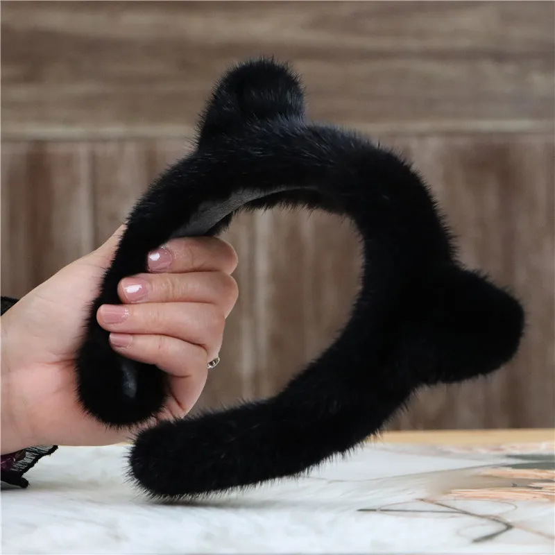 Mink hair clip cat ears headband black hair accessories female plush fashion cute fur headwear brand new