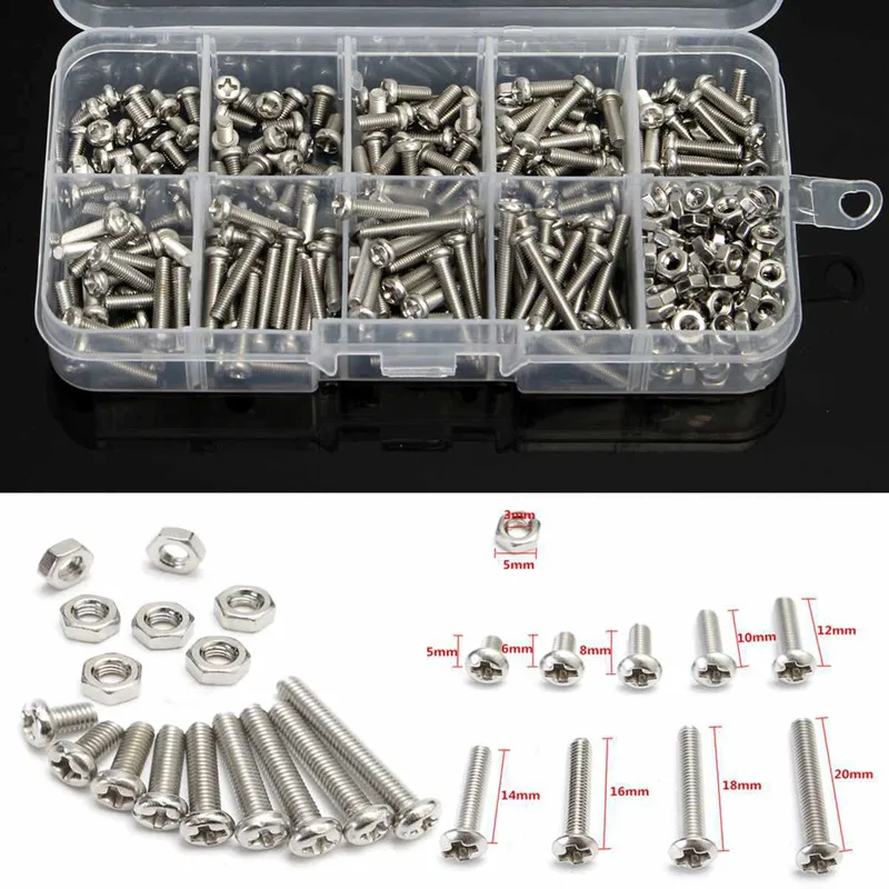 340pcs M3 Cross Head Bolt Nut A2-70 304 Stainless Steel Cap Screw Fastener Phillips Machine Screw Assorted Kit