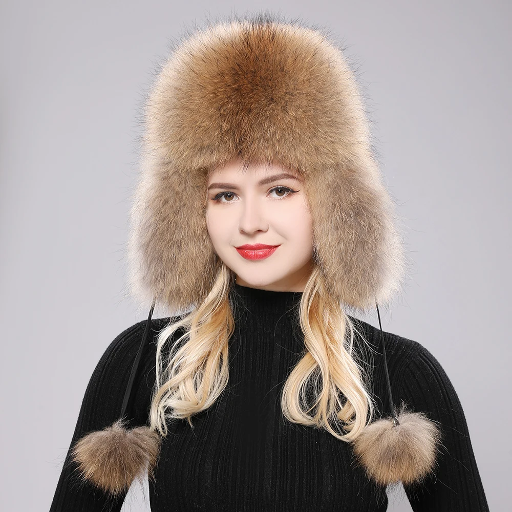 2024 100% Real Fox Fur Hats Women\'s Russian Ushanka Aviator Trapper Snow Skiing Hat Caps Earflap Winter Raccoon Fur Bomber Hat