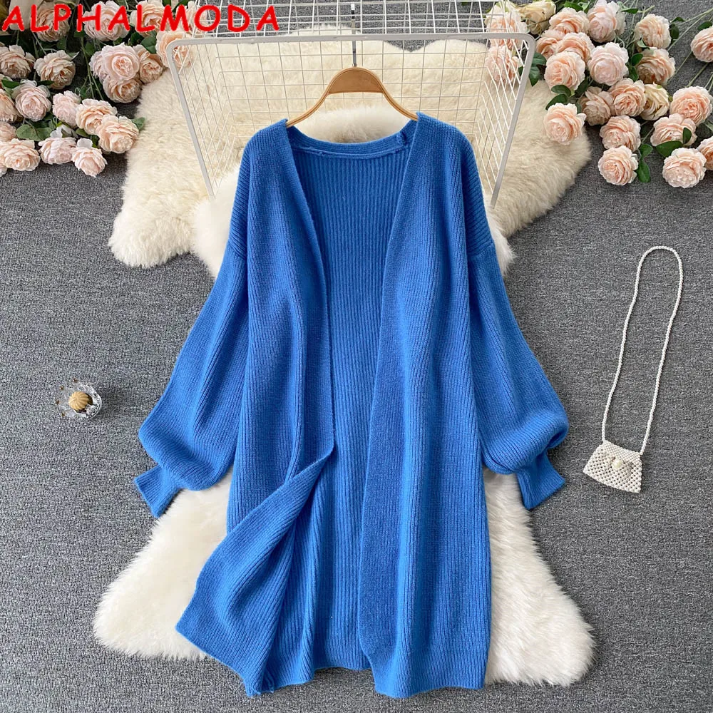 ALPHALMODA Autumn Winter Oversized Coat Cardigan Women Simple Solid Color All-match Medium Long Bubble Sleeve Casual Winter Coat