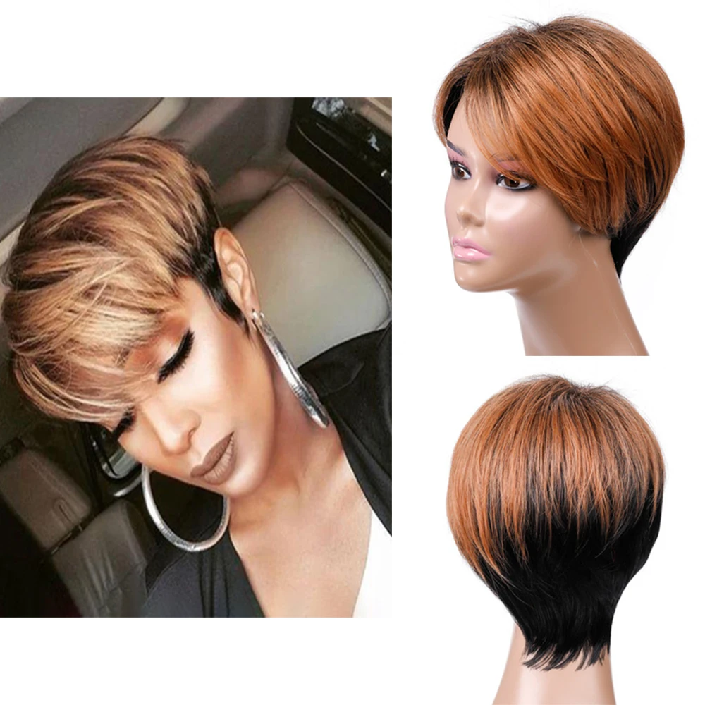 

WHIMSICAL W Short Bob Pixie Cut Synthetic Wig With Bangs Black and Light Brown Wig Straight Ombre Cosplay Party Wig for Women