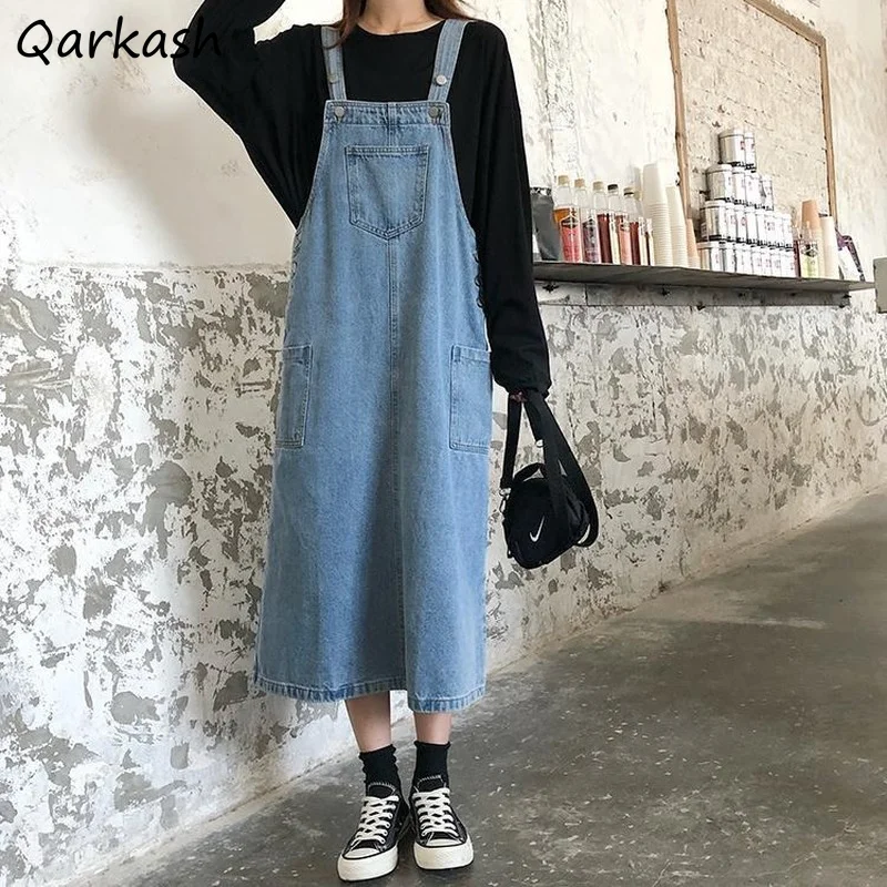 Wiele kieszeni Denim bez rękawów sukienka kobiety staromodny osobisty chłopak szykowny Design prosta Sundress amerykańska moda Vintage kobieta