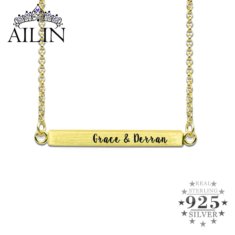 

AILIN Four Sides Engraved Bar Neacklace 925 Silver Custom Vote Letter Year Name Necklace Women Rolo Chain Personalised Jewelry