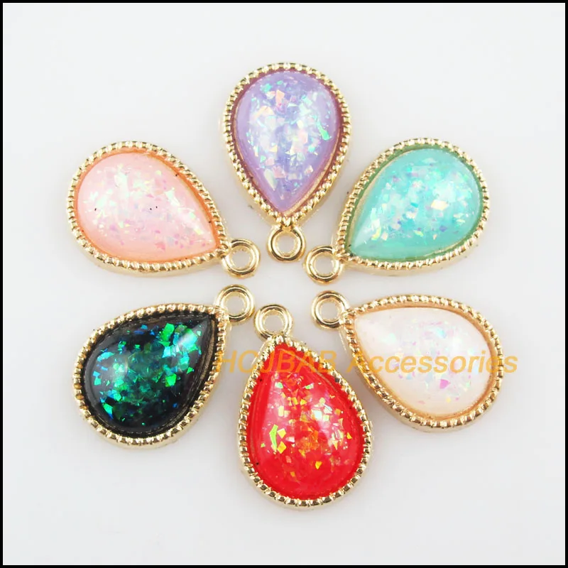 12 New AB Shivering Mixed Resin Teardrop Flower Charms Gold Tone 13x19.5mm