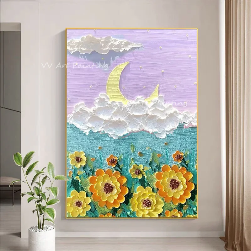 cute flower white cloud yellow moon 100% handmade Oil Painting Modern Simple Abstract Wall Art Canvas Living Room Decoration