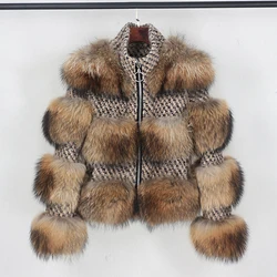 Brand 2020 New Real Fur Coat Winter Jacket Women Natural Raccoon Fur Weave Wool Fabric Stand Collar Plaid Outerwear Streetwear