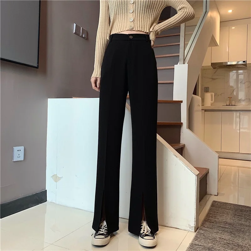 Pantaloni donna fessura laterale allentato solido vita alta 3 colori donna semplice All-match stile coreano Streetwear tempo libero dritto Ins accogliente